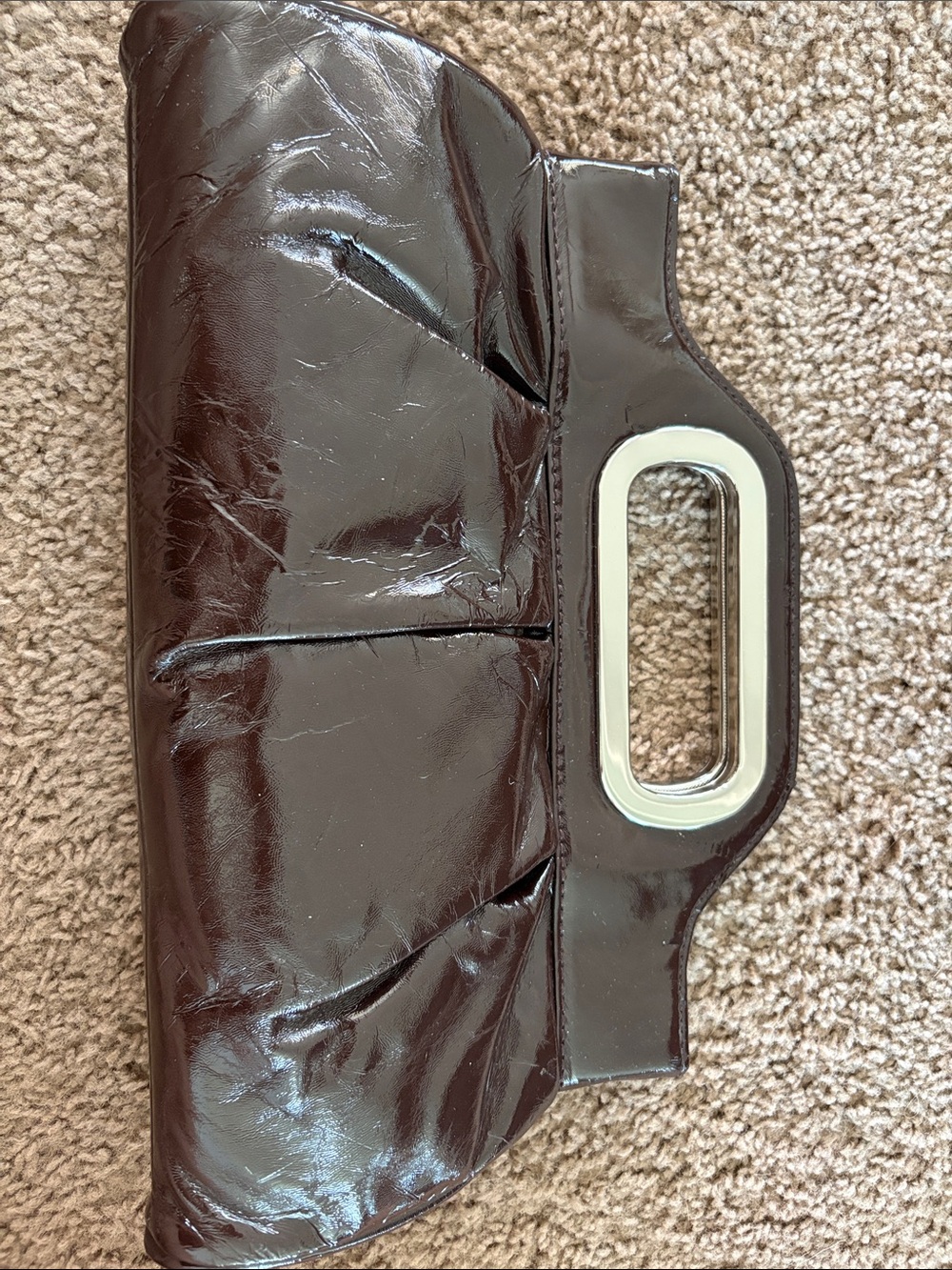 LOFT Patent Leather Clutch in Dark Brown with Silver Accent